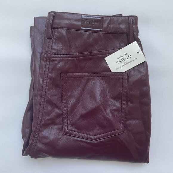 Guess Women’s Kelly Faux Leather Jeans  Straight Fit In Burgundy’s Size 28 - Picture 1 of 11
